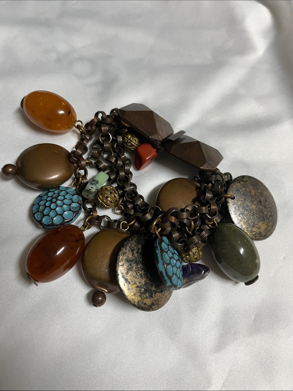 Vtg Kate Hines signed chunky boho charm bracelet bronze amber turquoise.
